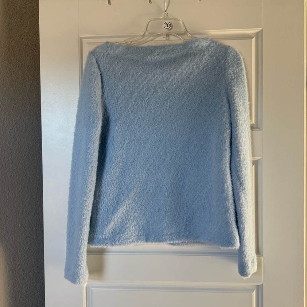 Mango Women's Light Blue Textured Fuzzy Boat Neck Sweater - Picture 7 of 8